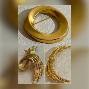 Signed Monet Gold Tone Brooch Lot of 3 Vintage Designer Pins